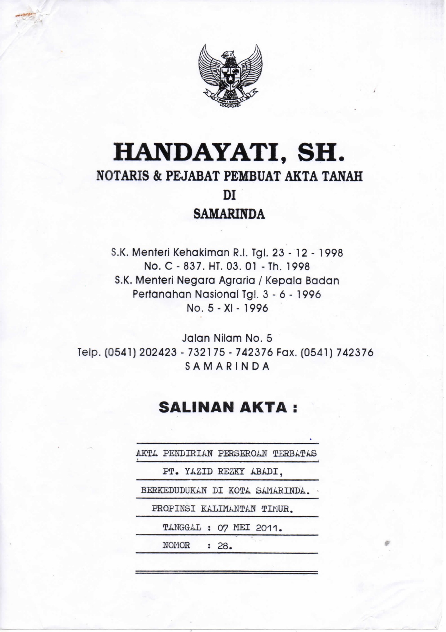 Akta Pendirian PT. Yazid Rezky Abadi - 07 Mei 2011 No.28