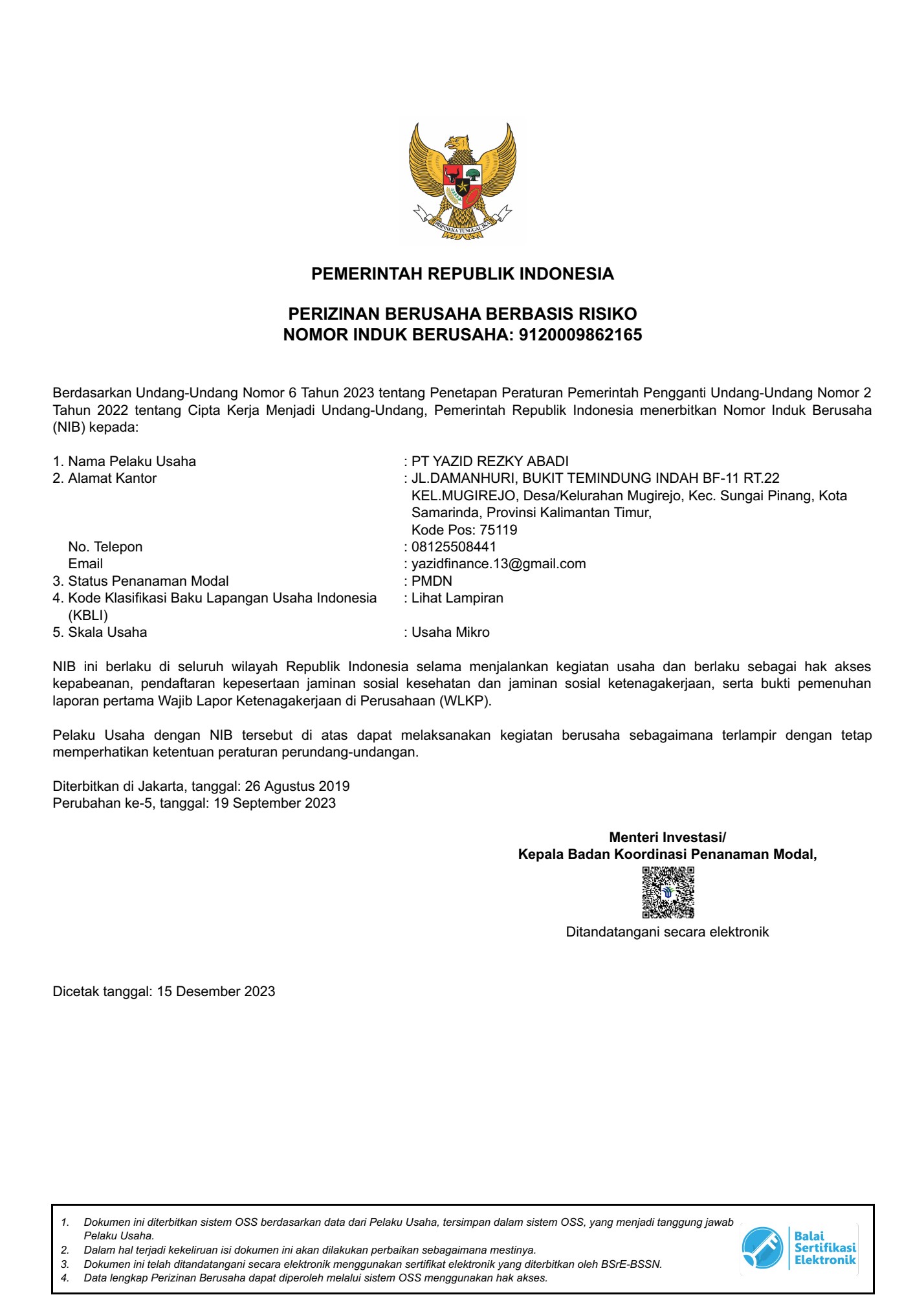NIB PT. Yazid Rezky Abadi Nomor 9120009862165